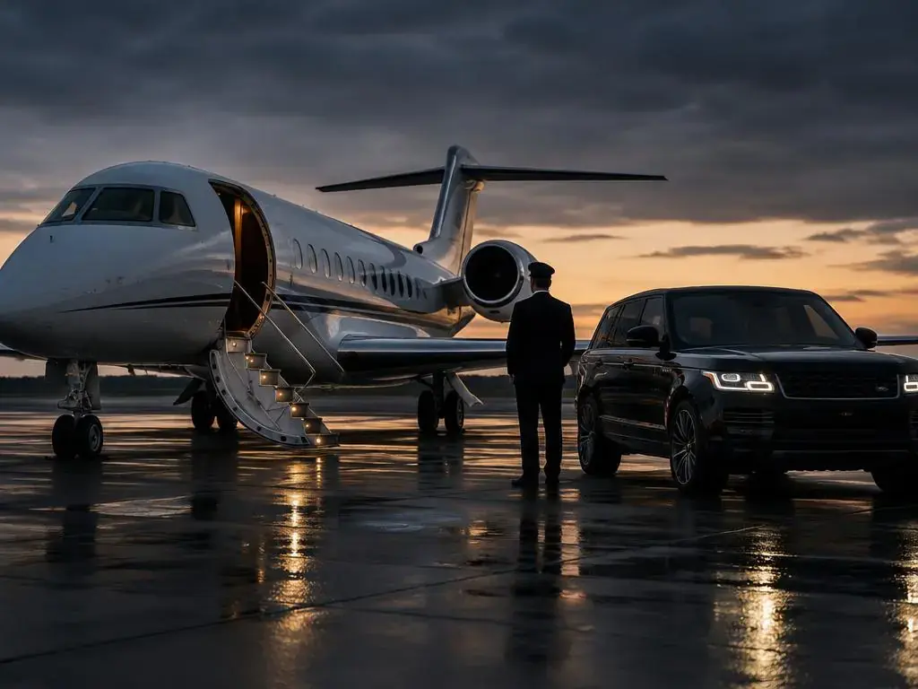 Couple relaxing in the rear seat of a luxury car at night