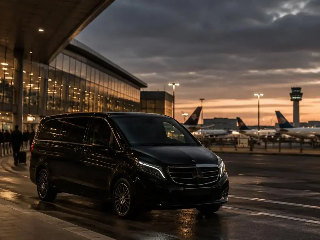 Airport terminal at sunset with a departing aircraft