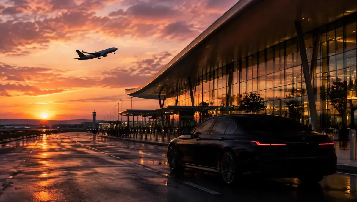 Airport terminal at sunset with a departing aircraft