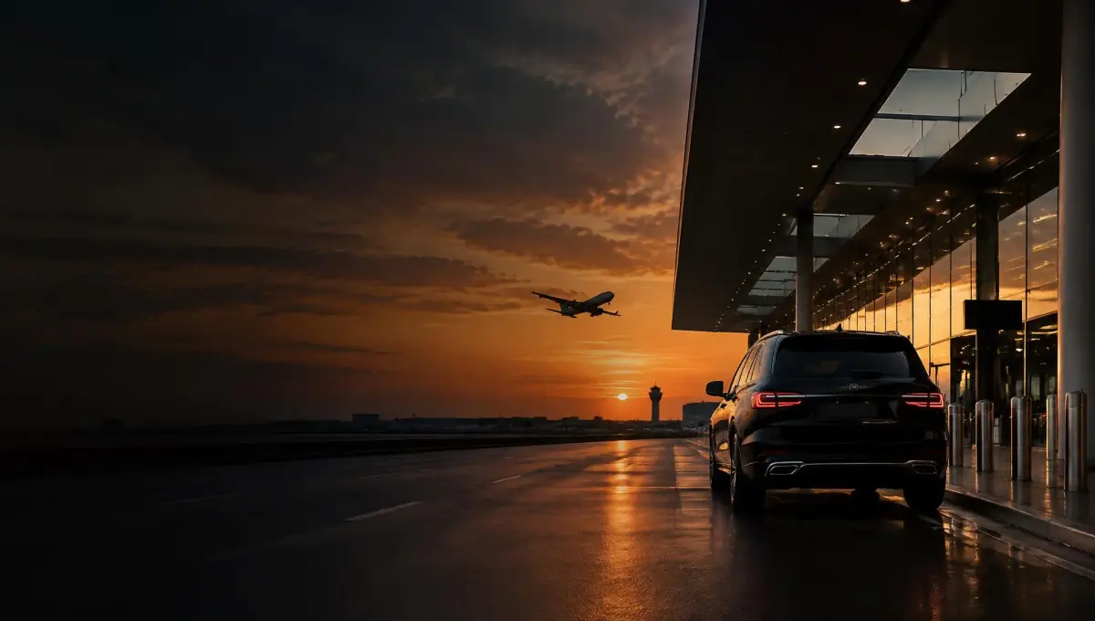 Airport terminal at sunset with a departing aircraft