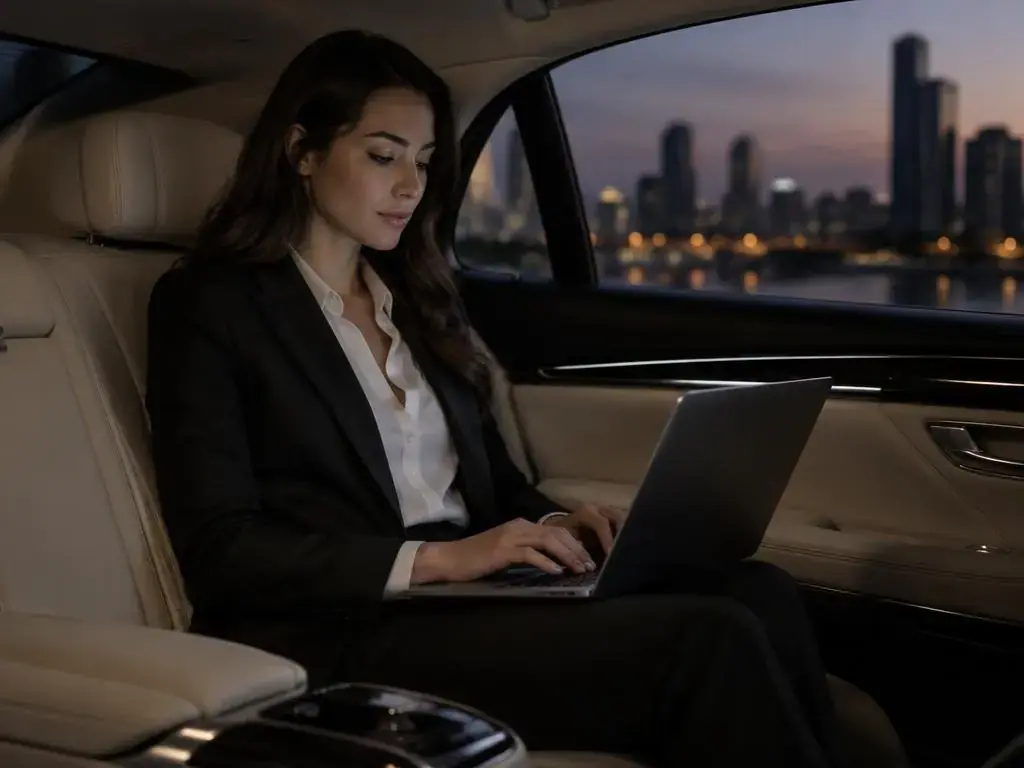 Chauffeur standing beside a black luxury SUV