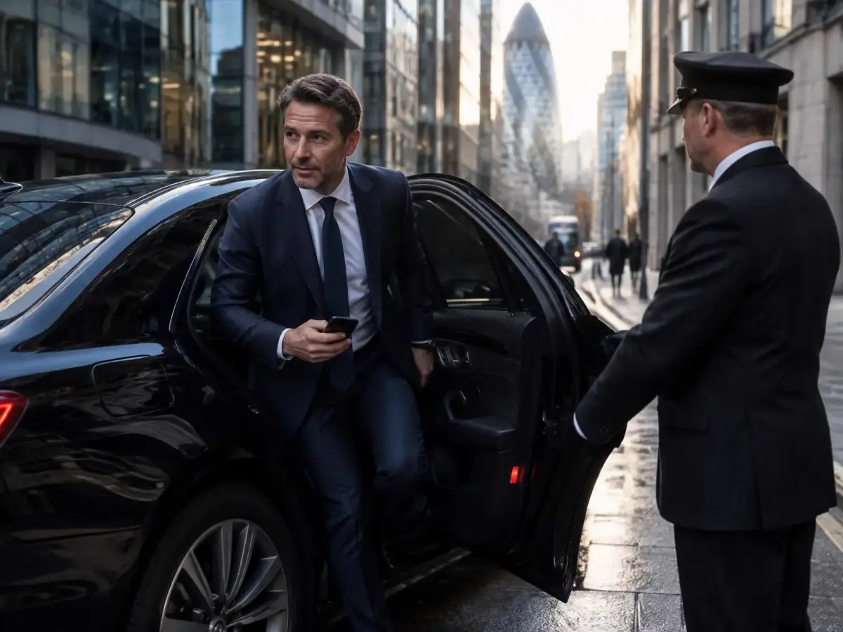 Executive stepping out of a chauffeur car in the City of London