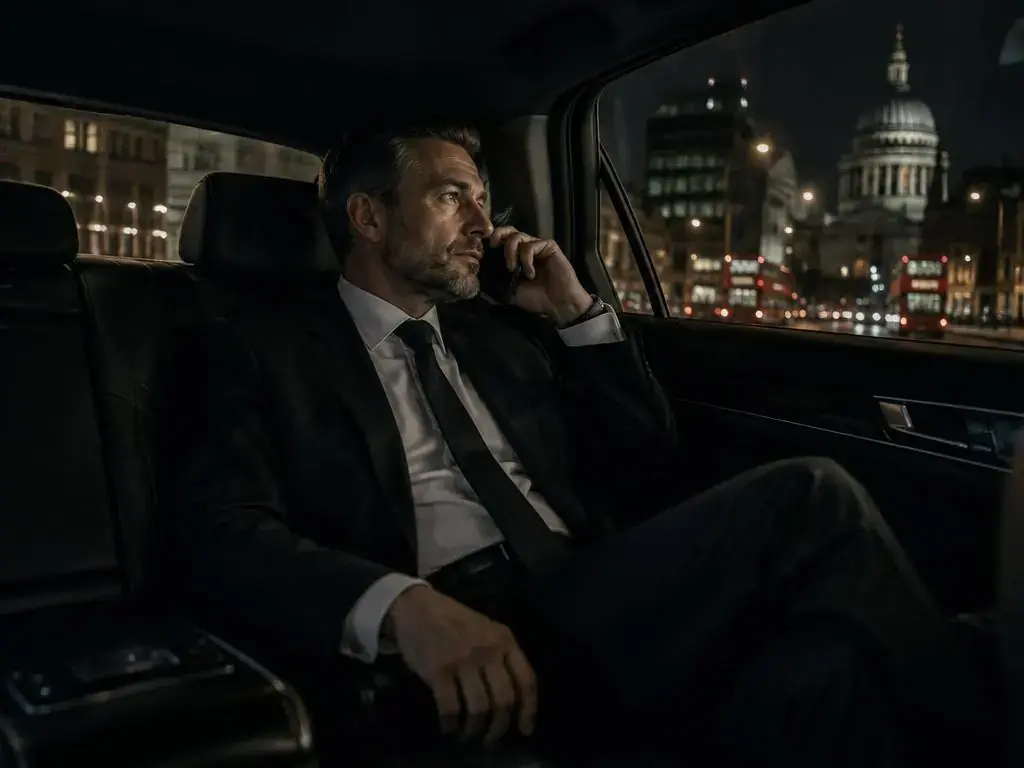 Couple relaxing in the rear seat of a luxury car at night