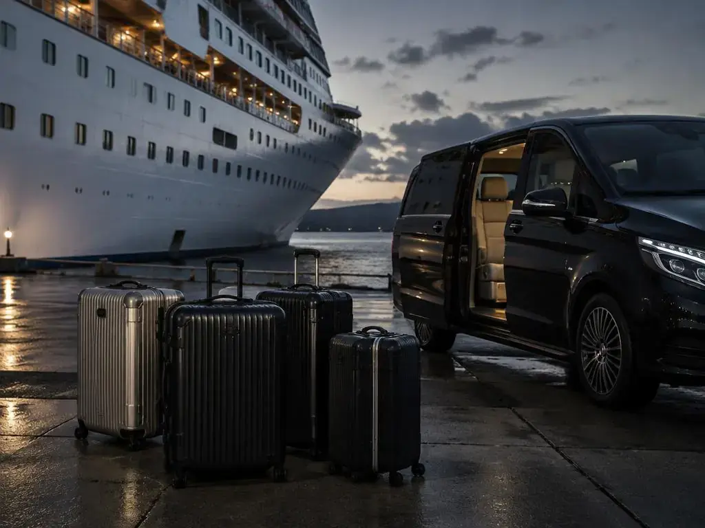 Couple and chauffeur with luggage beside a luxury MPV at a cruise terminal