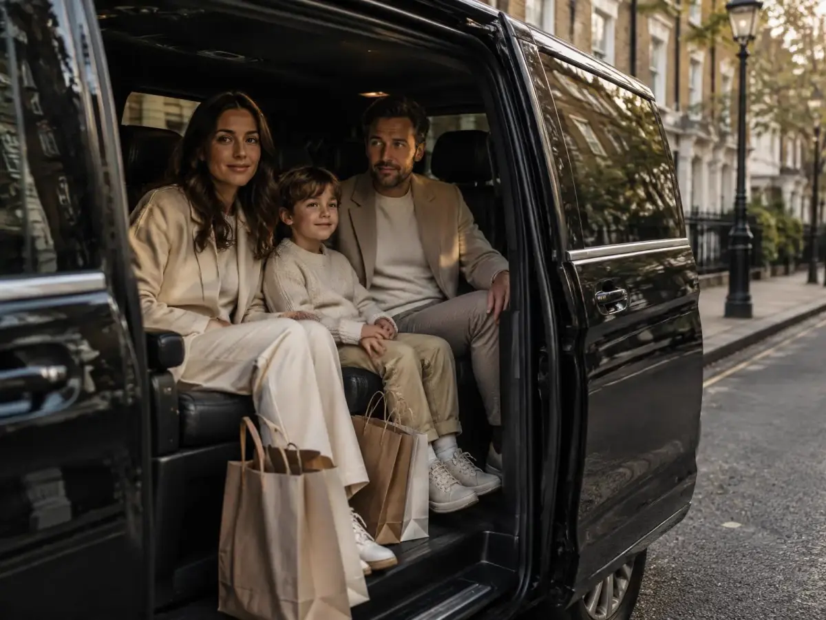 Family with shopping bags inside a luxury MPV