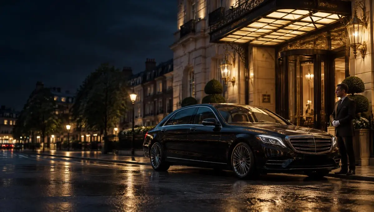Chauffeur-driven black luxury car outside a London hotel at dusk