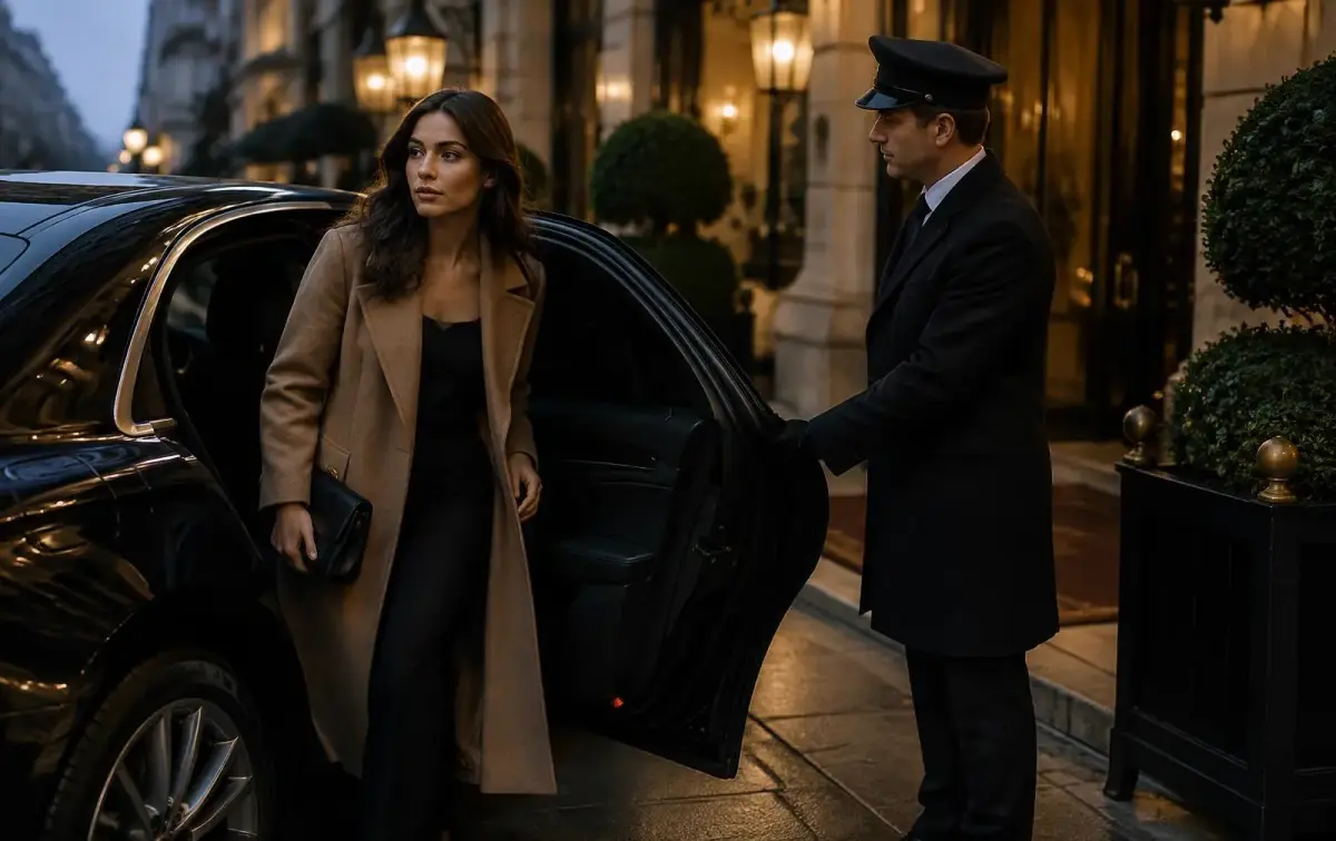 Guest arriving at a luxury hotel by chauffeur car