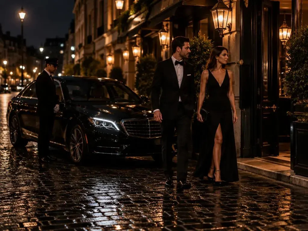 Couple arriving at a West End theatre by chauffeur car