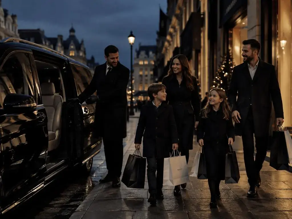 Family with shopping bags inside a luxury MPV