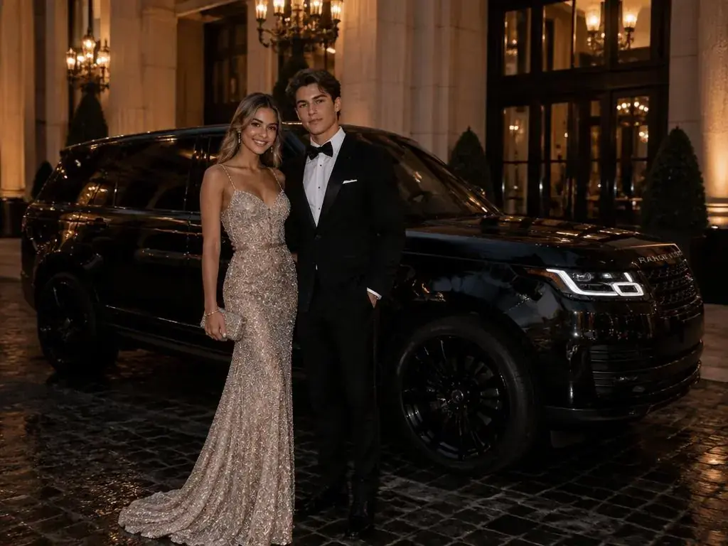 Couple relaxing in the rear seat of a luxury car at night