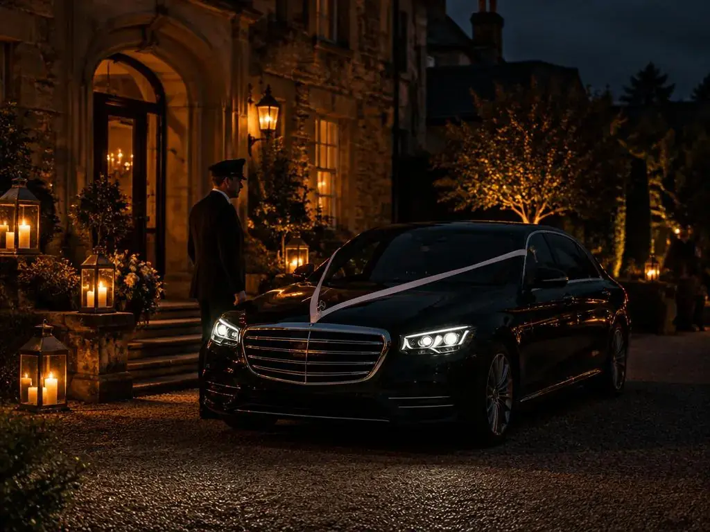 Couple relaxing in the rear seat of a luxury car at night