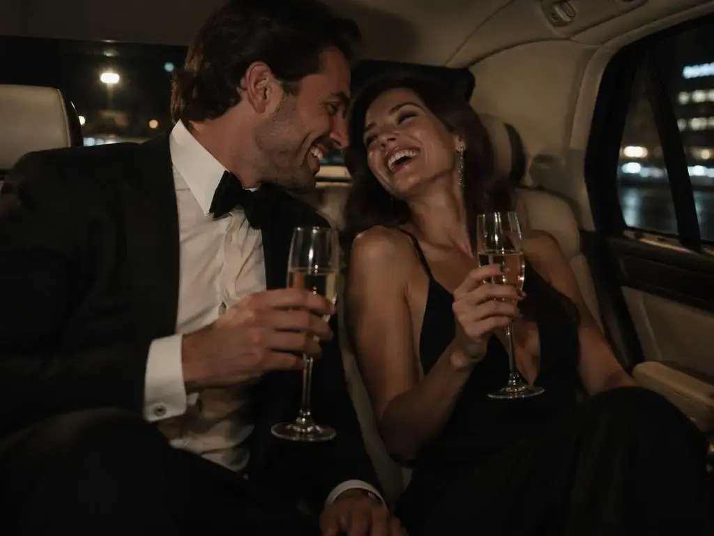 Couple relaxing in the rear seat of a luxury car at night