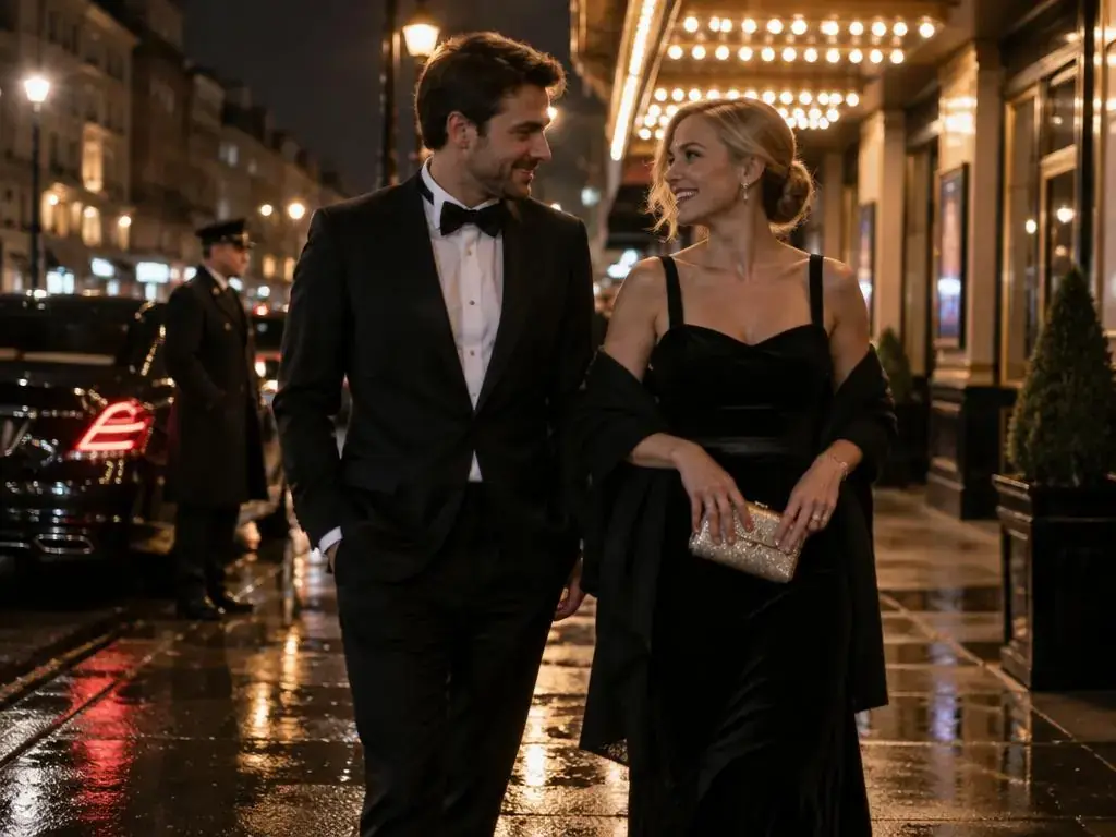 Couple arriving at a West End theatre by chauffeur car
