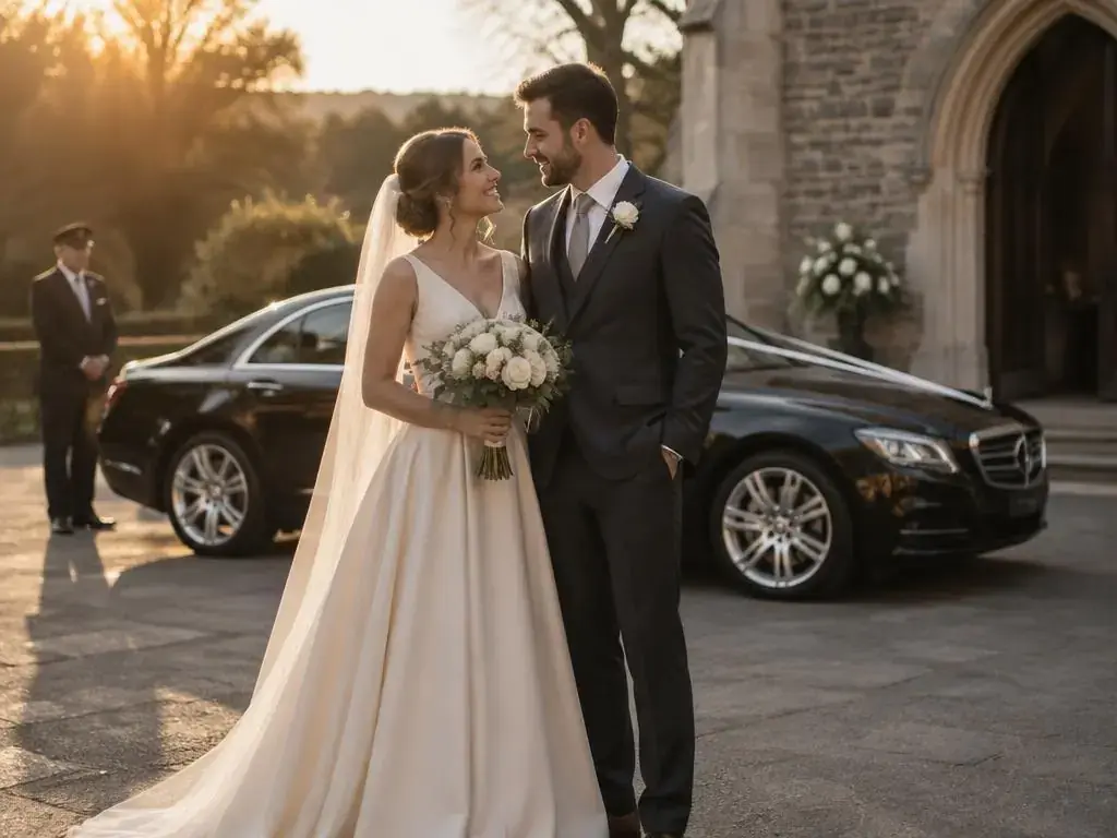 Bride and groom beside a luxury wedding car