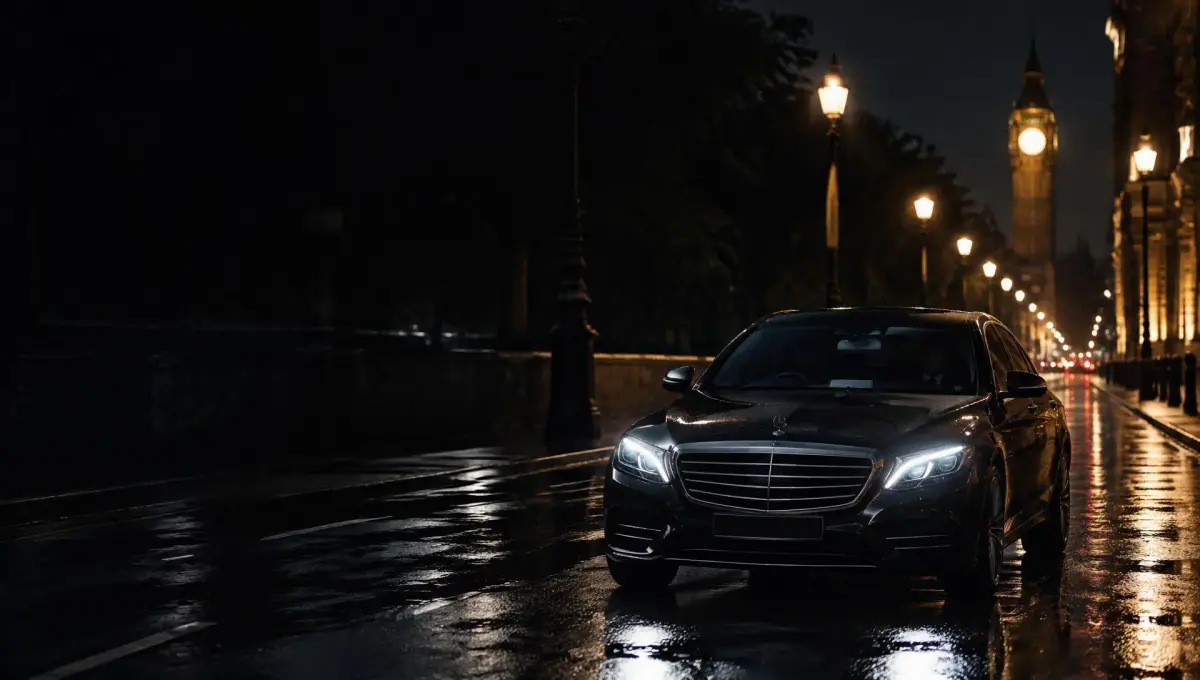 Black chauffeur car on the London embankment near Big Ben at night