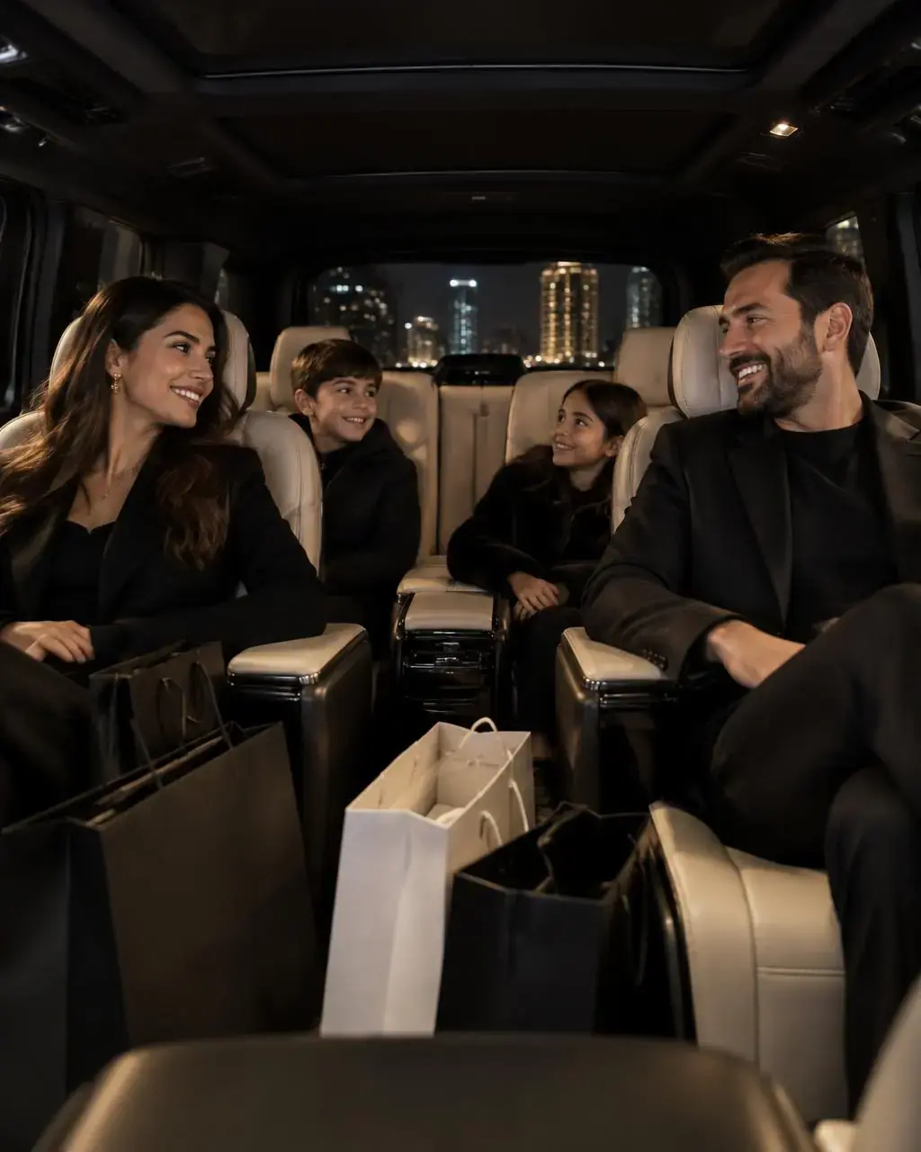 Family with shopping bags inside a luxury MPV